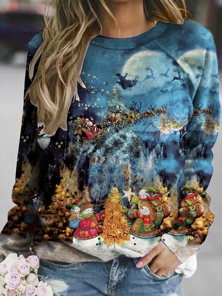 Women Christmas Casual Raglan Sleeve Sweatshirts, Blue, Hoodies&Sweatshirts