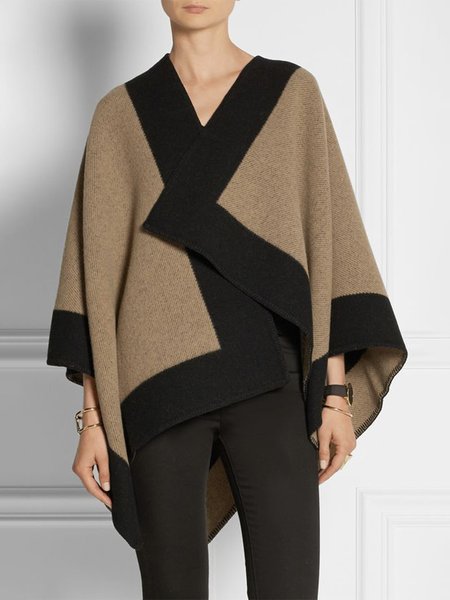 Cross Neck Loose Color Block Simple Overcoat, Black-coffee, Coats