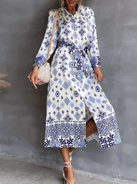 Loose Boho Shirt Collar Dresses, Blue, Dresses