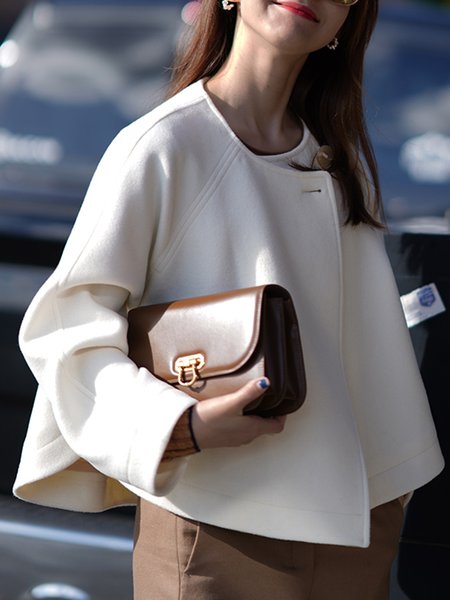 Crew Neck Simple Loose Plain Jacket, White, Jackets