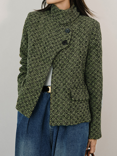 Loose Plain Urban Stand Collar Long sleeve Jacket, Green, Jackets