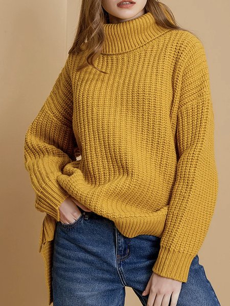 Long sleeve Turtleneck Casual Plain Sweater, Yellow, Pullovers