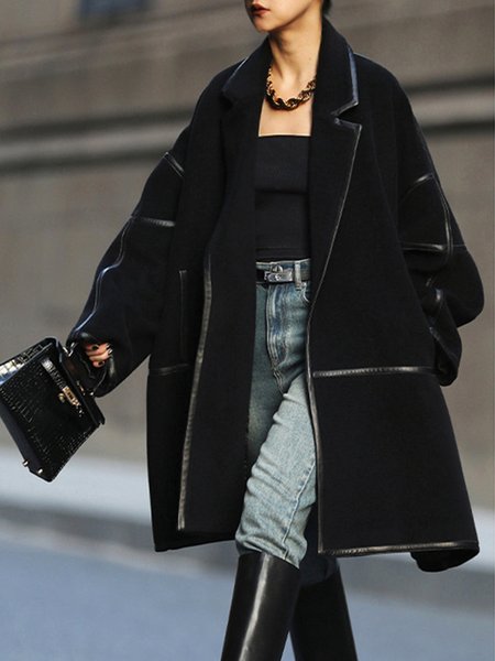 Plain Loose Split Joint Lapel Collar Overcoat, Black, Coats