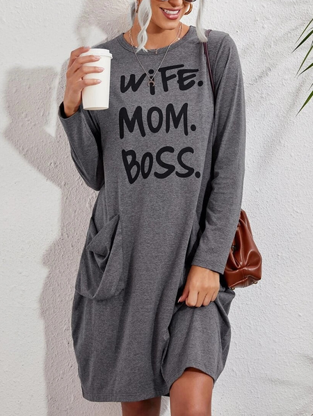 Crew Neck Jersey Text Letters Dresses, Gray, Dresses