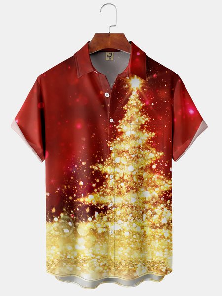 Christmas Tree Chest Pocket Short Sleeve Shirt, Red, Men Shirts