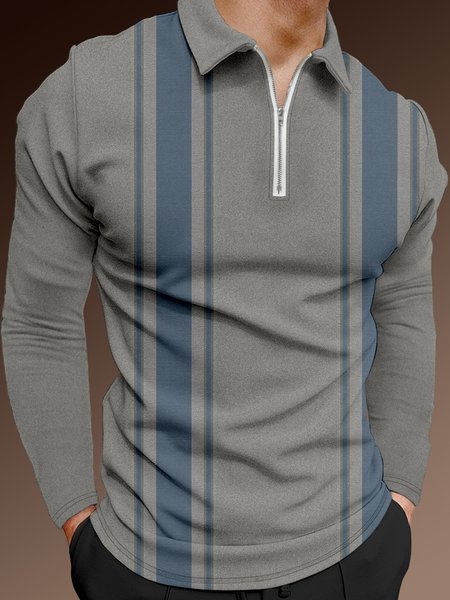 Geometric Zip Long Sleeve Polo, Gray, Polo Shirts