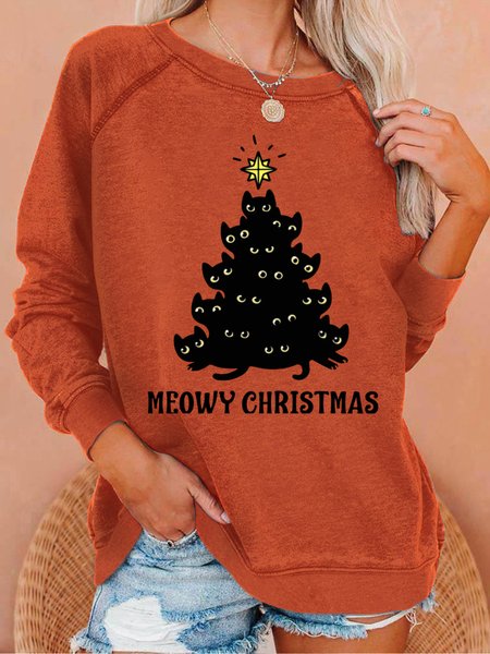 Women Meowy Christmas Funny Cat Lover Christmas Simple Crew Neck Sweatshirt, Orange, Hoodies&Sweatshirts
