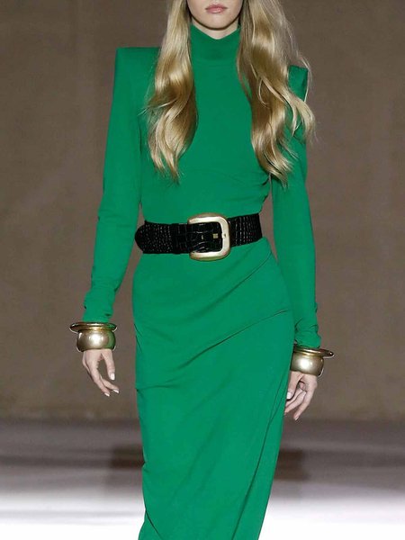 Elegant Turtleneck Long sleeve Regular Fit Plain Dress, Green, Maxi Dresses