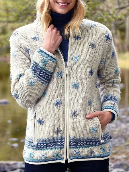 Geometric Regular Fit Sweater Coat, Blue, Sweaters