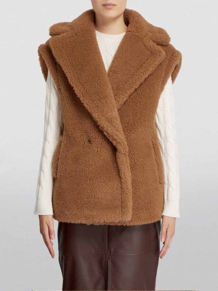 Plain Daily Regular Fit Lapel Collar Teddy Jacket, Camel, Others