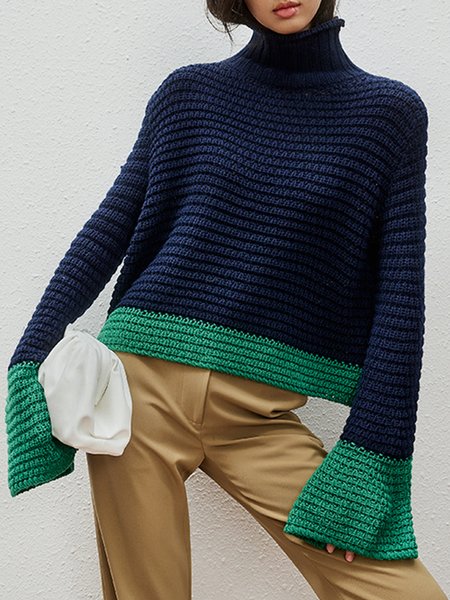 Urban Turtleneck Color Block Sweater, Blue, Pullovers