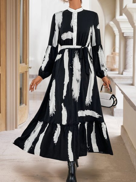 Stand Collar Geometric Loose Dresses, Black, Maxi Dresses