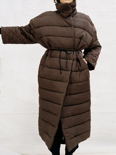 Long sleeve Turtleneck Loose Striped Fleece Coat, Brown, Others