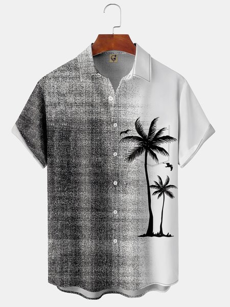 Coconut Tree Chest Pocket Short Sleeve Shirt, Black, Men Shirts