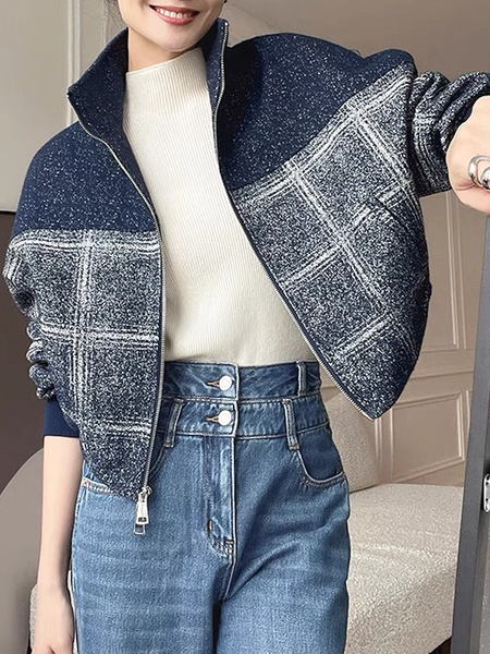 Stand Collar Urban Loose Stand Collar Long sleeve Jacket, Blue, Jackets