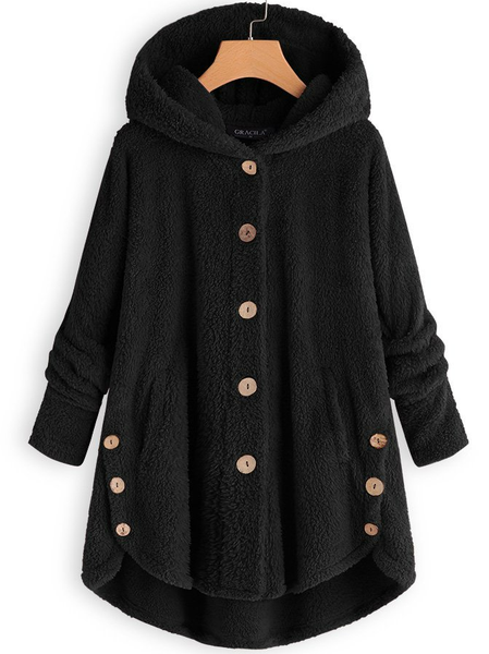 

Cozy Long Sleeve Fleece Hooded Fuzzy Asymmetrical Hem Button Teddy Bear Coat, Black, Outerwear