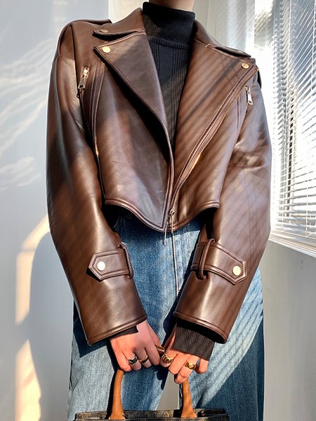 Urban Plain Lapel Collar Long Sleeve Jacket, Brown, Jackets