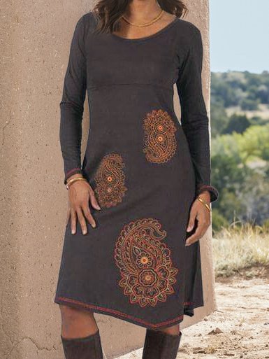 Regular Fit Ethnic Crew Neck Dresses, Coffee, Mini Dresses