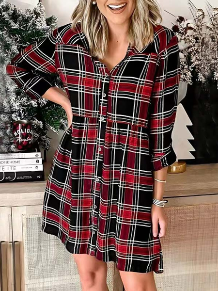 Christmas Loose Shirt Collar Dresses, Multicolor, Mini Dresses