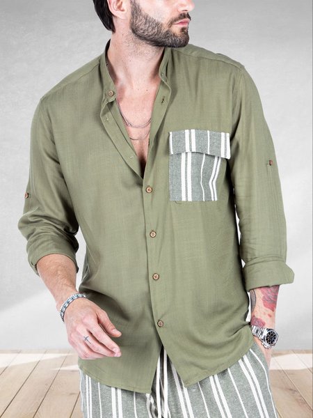 Striped Chest Pocket Long Sleeve Shirt, Green, Long Sleeve Shirts