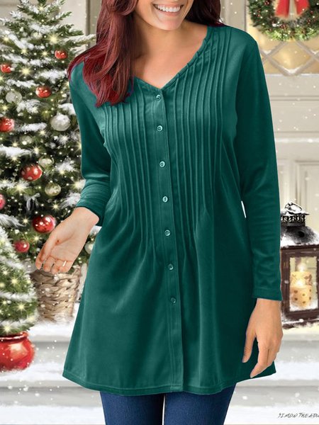 Christmas Green Velvet V-Neck Button-Up Shirt, Blouses & Shirts