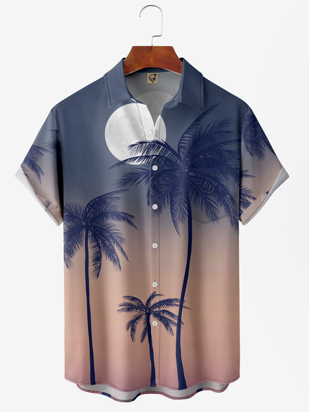 Coconut Tree Chest Pocket Short Sleeve Hawaiian Shirt, Blue, Men Shirts