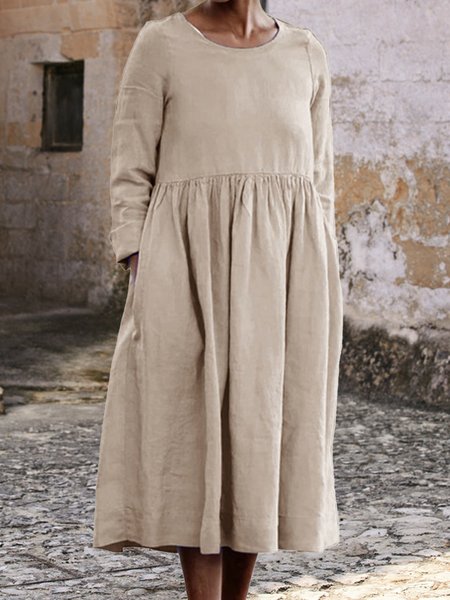 Plain Regular Fit Crew Neck Dress, Khaki, Midi Dresses
