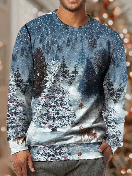 Men Merry Christmas Moose Pattern Crew Neck Casual Sweatshirt, As picture, Hoodies&Sweatshirts
