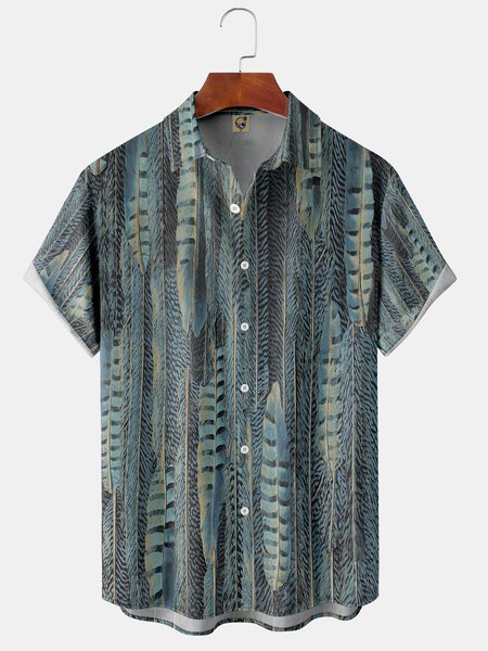 Feather Chest Pocket Short Sleeve Hawaiian Shirt, Navyblue, Men Shirts