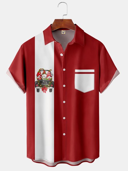 Christmas Gnome Chest Pocket Short Sleeve Bowling Shirt, Red, Men Shirts