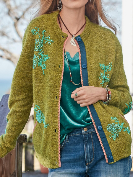 Floral Boho Wool/Knitting Sweater Coat, Green, Outerwear