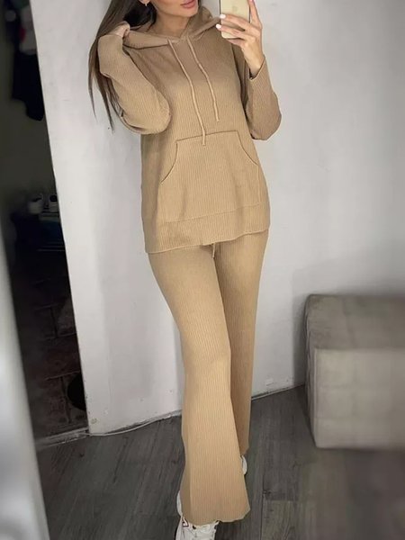 Hoodie Casual Drawstring Two Piece Sets, Khaki, Suit Set
