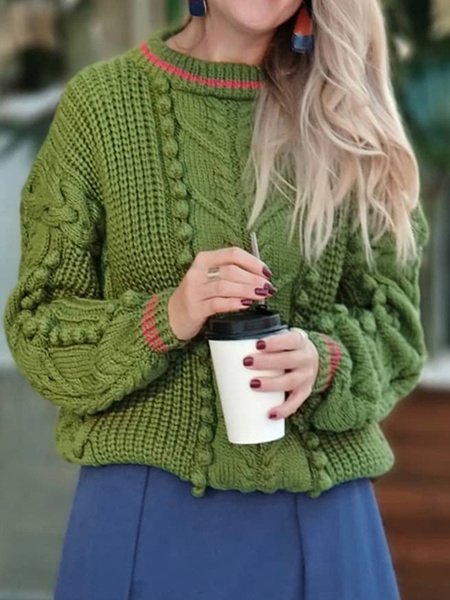 Crew Neck Casual Loose Sweater, Green, Sweaters & Cardigans