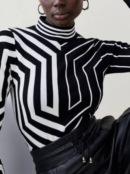 Half Turtleneck Acrylic Striped Sweater, Black-white, Pullovers