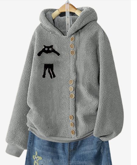Fleece Embroidered Cat Hoodie, Gray, Sweatshirts & Hoodies