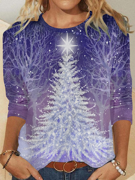Women Simple Christmas Tree Regular Fit Long sleeve Top, Purple, Long sleeves