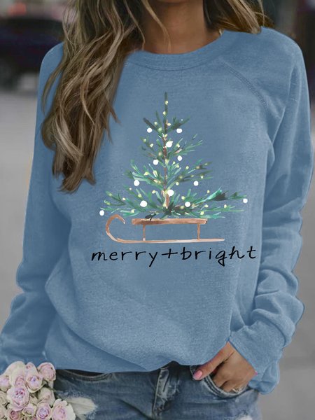 Women's Christmas Trees Graphic Print Casual Sweatshirt, Light blue, Hoodies&Sweatshirts