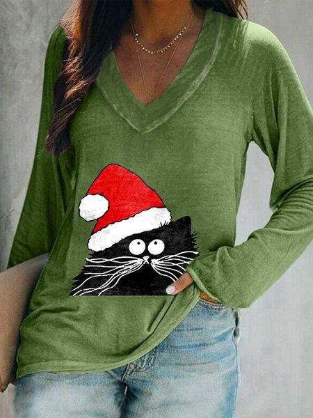 Christmas Black Cat Printed Women's T-shirt, Green, Tops