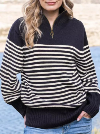 Striped Zip Collar Oversized Wool Sweater, Black, Sweaters & Cardigans