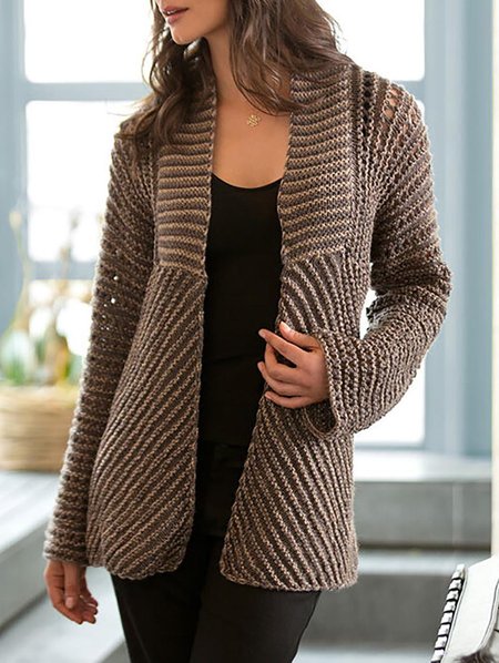 Casual Plain Wool Knitted Coat, Brown, Coats