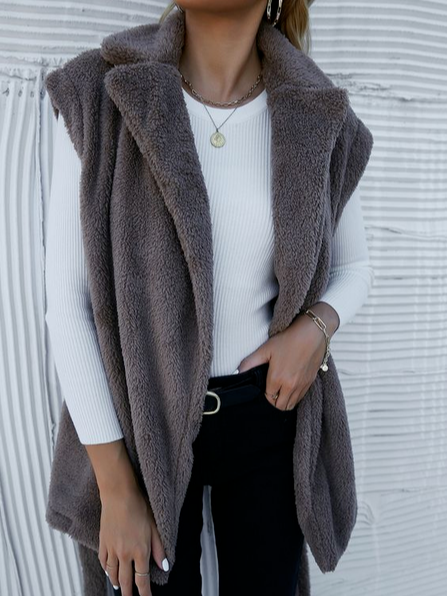 Shawl Collar Fluff/Granular Fleece Fabric Casual Vest, Gray, Outerwear