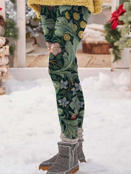Casual Regular Fit Floral Leggings, Green, Leggings
