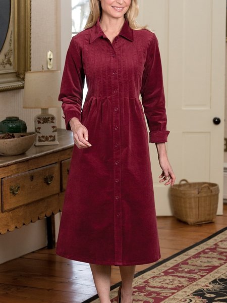 Christmas Red Pintuck Corduroy Button-Up Shirt Dress, Dresses