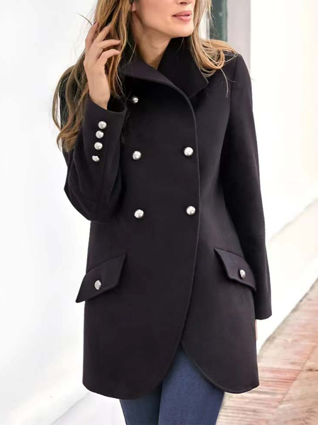 Casual Woolen Shawl Collar Loose OverCoat, Black, Outerwear