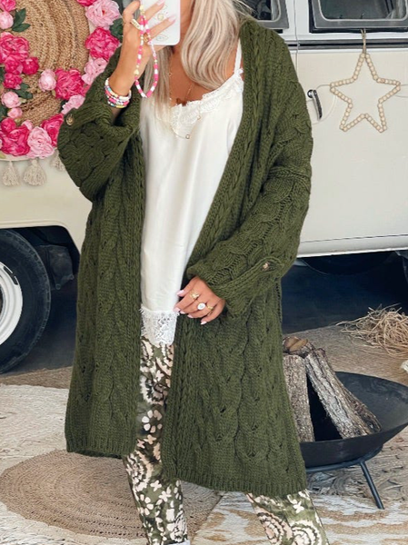 Loose Plain Casual Sweater Coat, Green, Sweaters