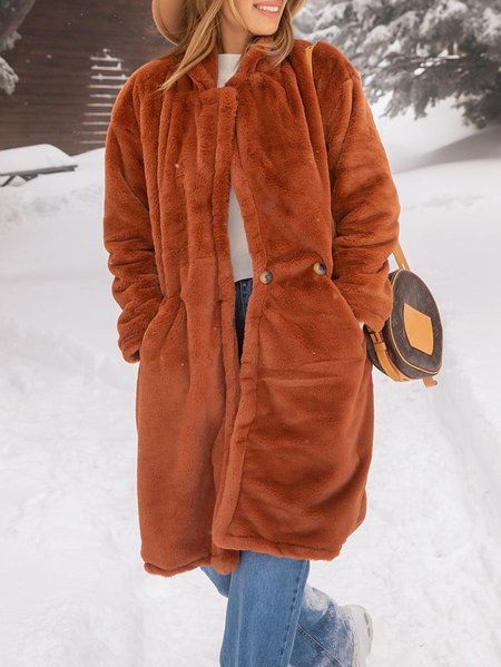 Fleece Lapel Oversized Long Coat, Brown, Coats