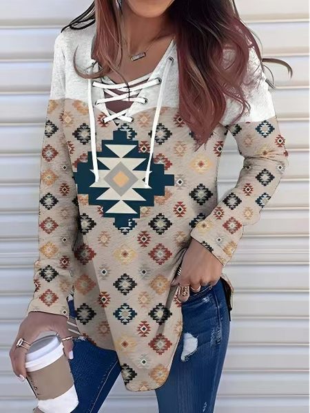 Casual Ethnic Lace-up Tops, Khaki, Tops