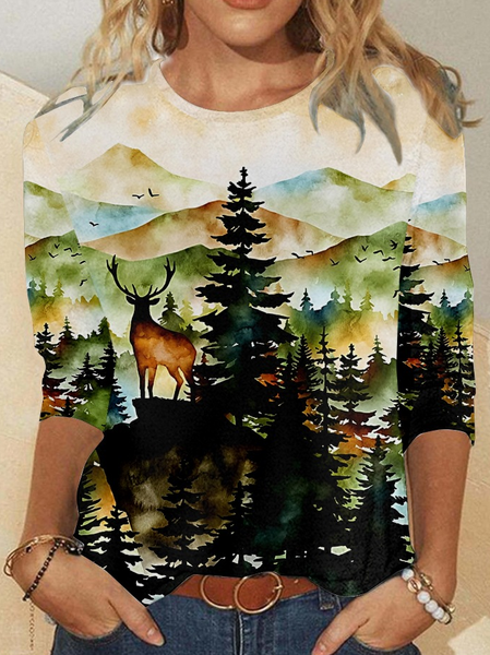 Womens Mountains Art Print Top, As picture, Long sleeves