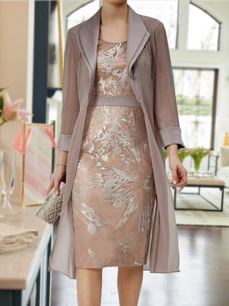 Shawl Collar Elegant Two-Piece Set, Champagne, Midi Dresses