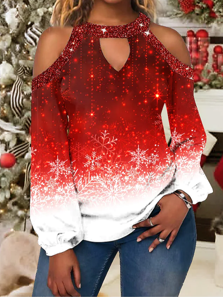Christmas Loose Crew Neck Glitter Tops, Red, Tops